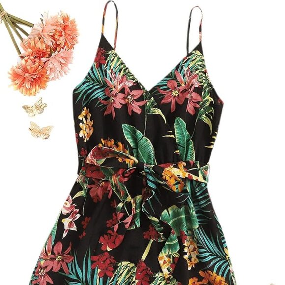 SweatyRocks Women's Floral Wrap V Neck Belted Jumpsuit Romper, XS - Picture 4 of 5